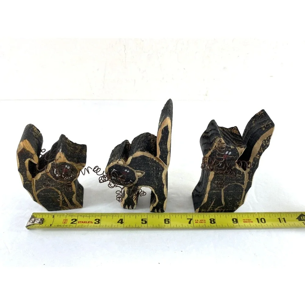 3 Vintage Wood Cats Hand Carved Whiskers Figurines Halloween